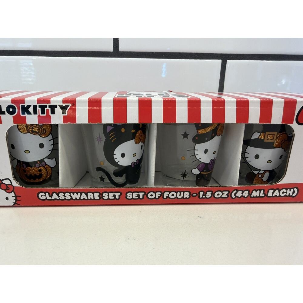 NEW 2024 Hello Kitty Glassware Set 4 Shot Glass Halloween Glitter Pumpkin Witch